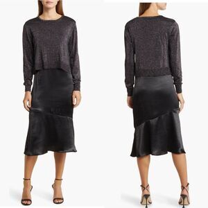 Sam‎ Edelman Satin Slipdress Metallic Sparkle Boat Neck Sweater, Black, 12, NWT